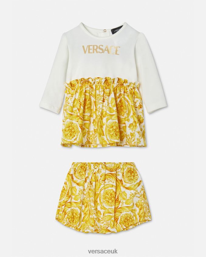 Children Versace Barocco Baby Dress Set 6D2D061822 White & Gold Clothing
