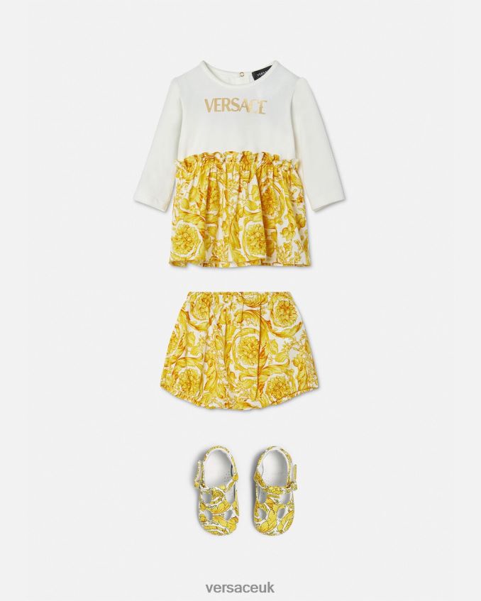Children Versace Barocco Baby Dress Set 6D2D061822 White & Gold Clothing