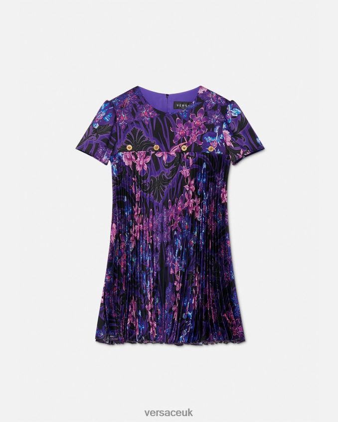 Children Versace Orchid Barocco Pleated Dress 6D2D062007 Violet & Print Clothing