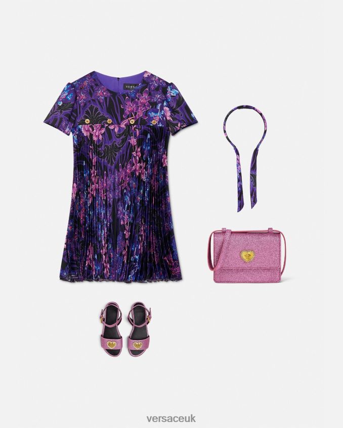 Children Versace Orchid Barocco Pleated Dress 6D2D062007 Violet & Print Clothing