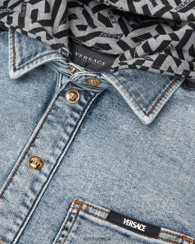 Children Versace La Greca Denim Hoodie Jacket 6D2D062119 Light Blue Clothing