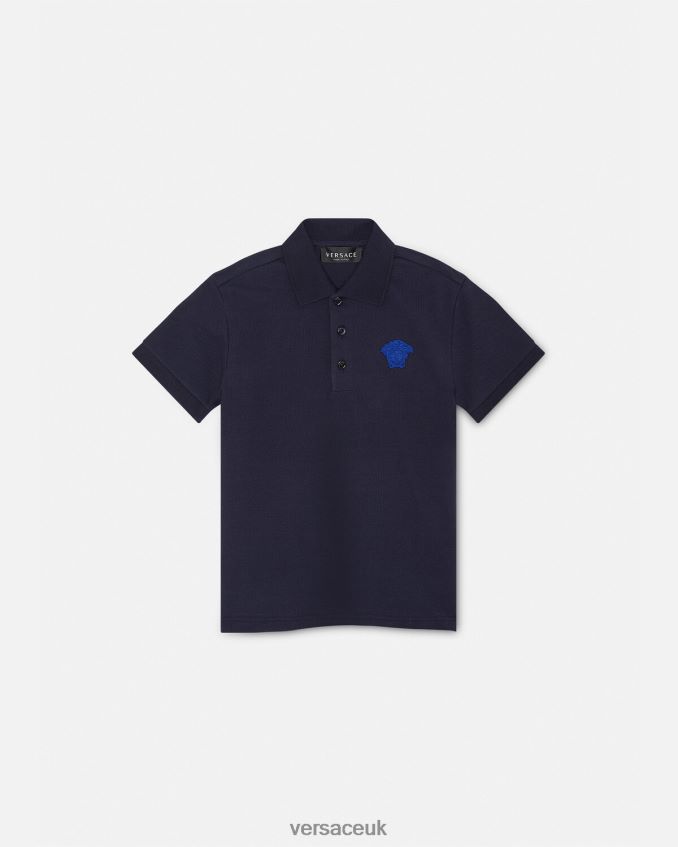 Children Versace Embroidered Medusa Polo Shirt 6D2D062102 Black & Blue Clothing