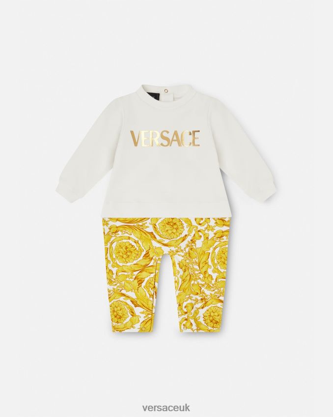Children Versace Barocco Baby Romper 6D2D061821 White & Gold Clothing