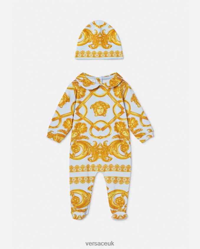 Children Versace Barocco 660 Baby Sleepsuit Set 6D2D061827 Light Blue & Gold Clothing