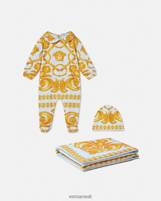Children Versace Barocco 660 Baby Sleepsuit Set 6D2D061827 Light Blue & Gold Clothing