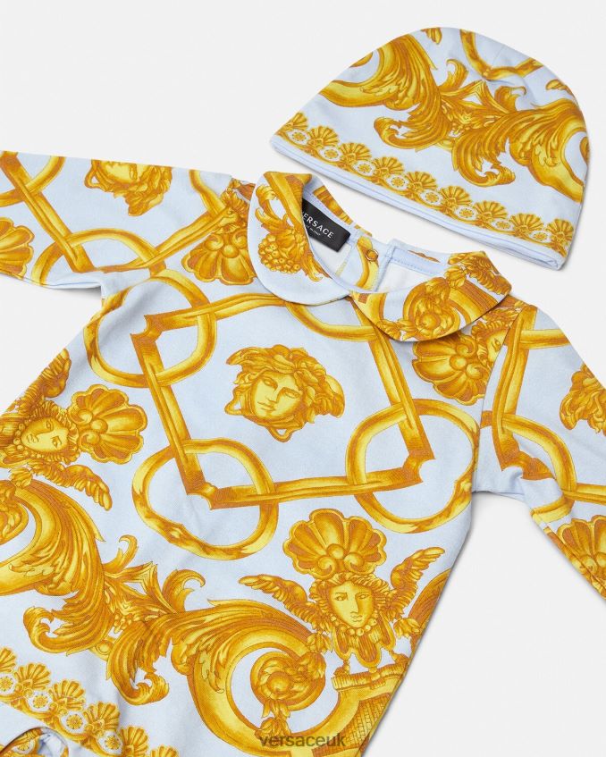 Children Versace Barocco 660 Baby Sleepsuit Set 6D2D061827 Light Blue & Gold Clothing