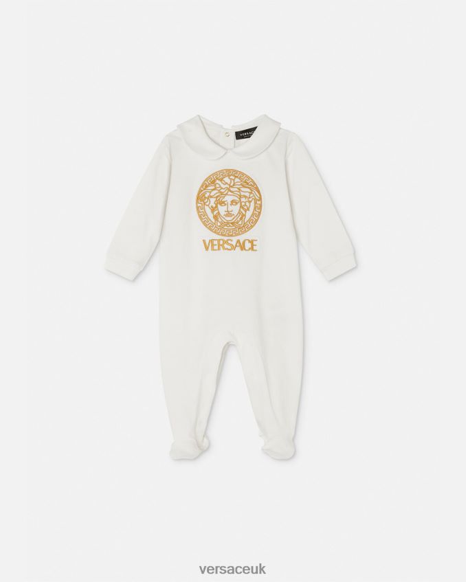 Children Versace Medusa Baby Sleepsuit 6D2D061824 White & Gold Clothing
