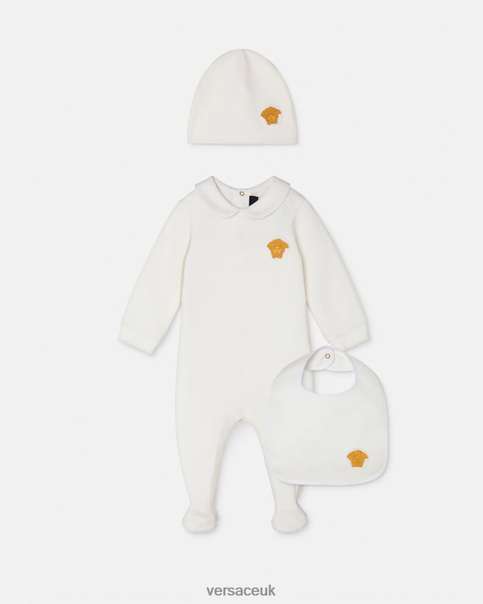 Children Versace Medusa Baby Sleepsuit Set 6D2D061835 White & Gold Clothing