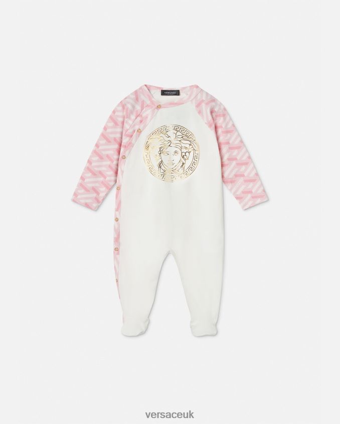 Children Versace Medusa La Greca Baby Sleepsuit 6D2D061831 Pink & White Clothing