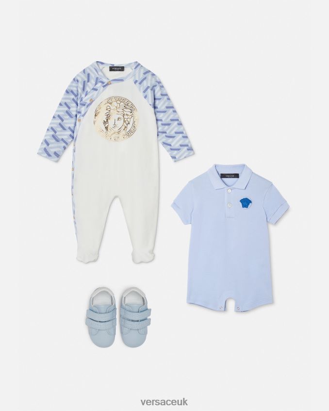 Children Versace Medusa La Greca Baby Sleepsuit 6D2D061832 Light Blue & White Clothing