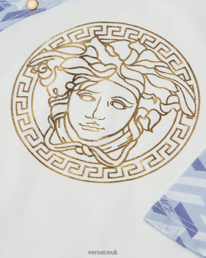 Children Versace Medusa La Greca Baby Sleepsuit 6D2D061832 Light Blue & White Clothing