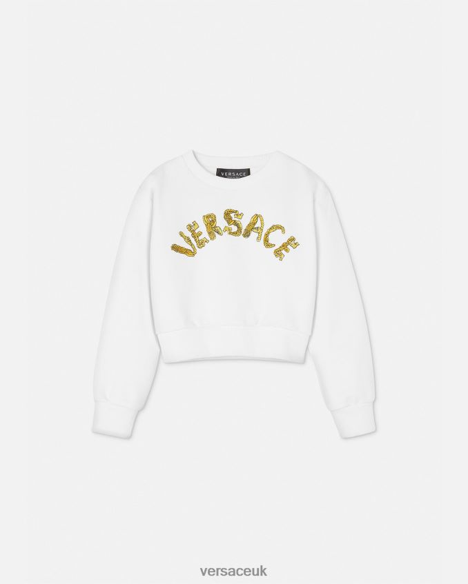 Children Versace Logo Crop Sweatshirt 6D2D061935 White & Gold Clothing