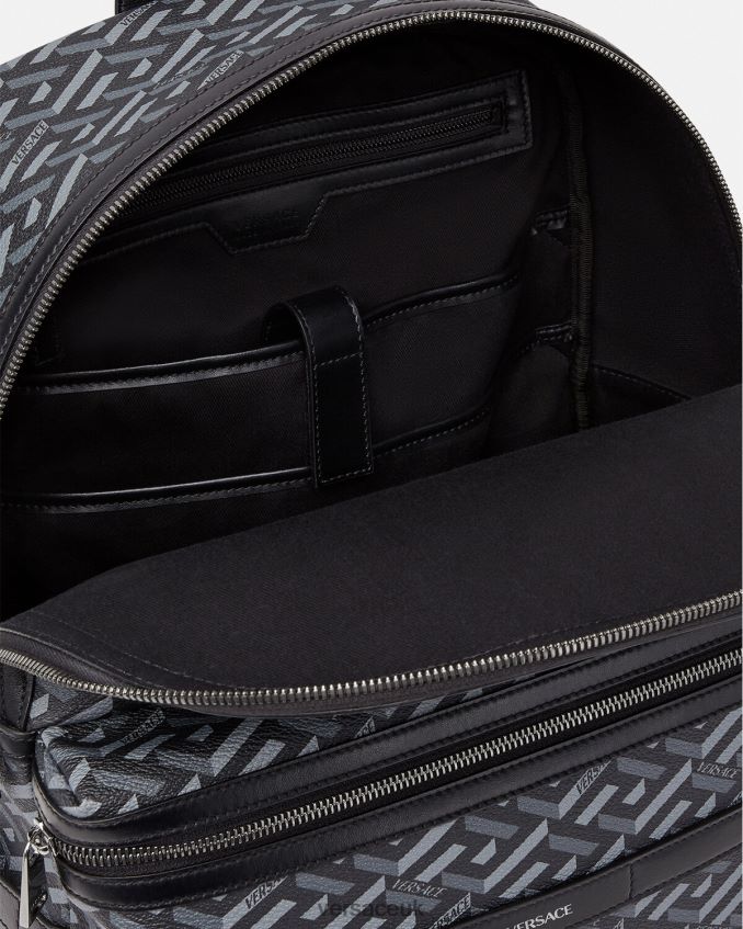 Men Versace La Greca Signature Backpack 6D2D061487 Black & Gray Bags