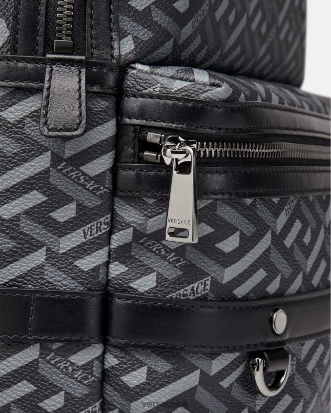 Men Versace La Greca Signature Backpack 6D2D061487 Black & Gray Bags