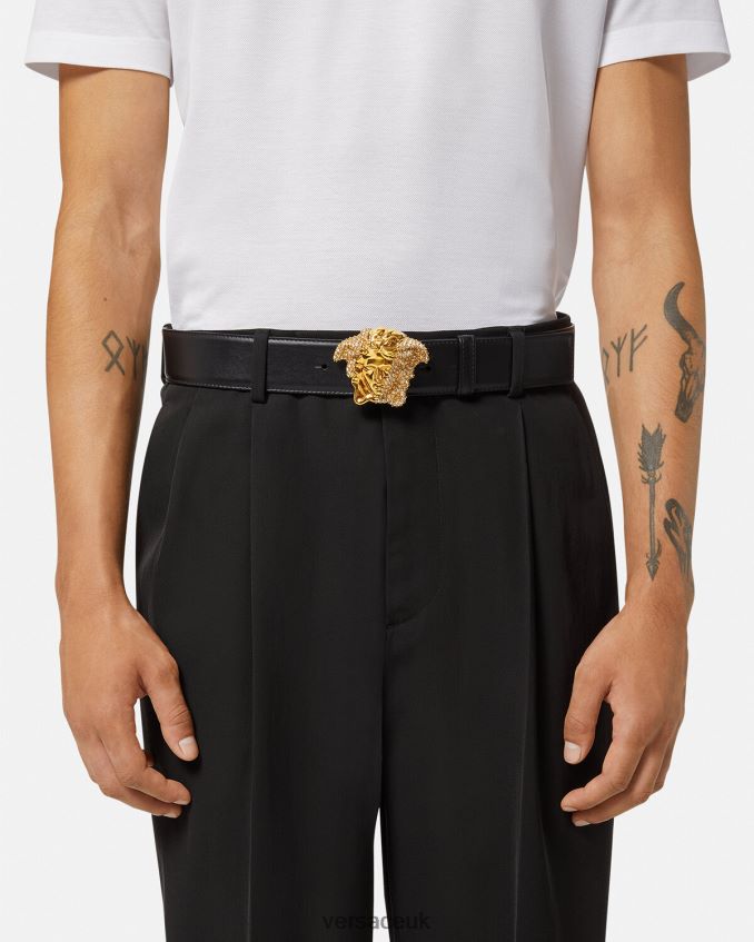 Men Versace Crystal La Medusa Leather Belt 6D2D061618 Black Accessories