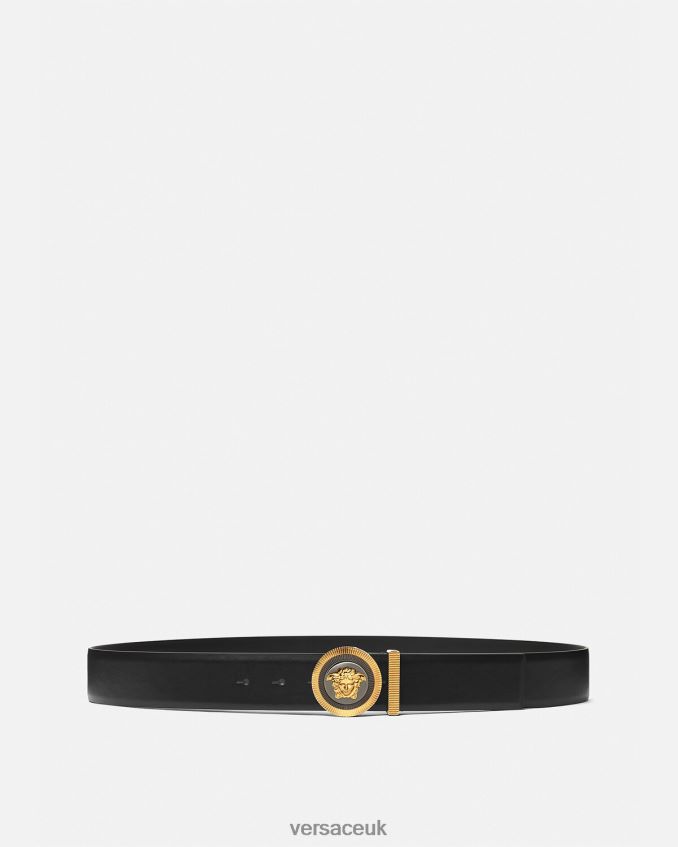 Men Versace Enamel Medusa Biggie Leather Belt 6D2D061608 Black & Gold Accessories