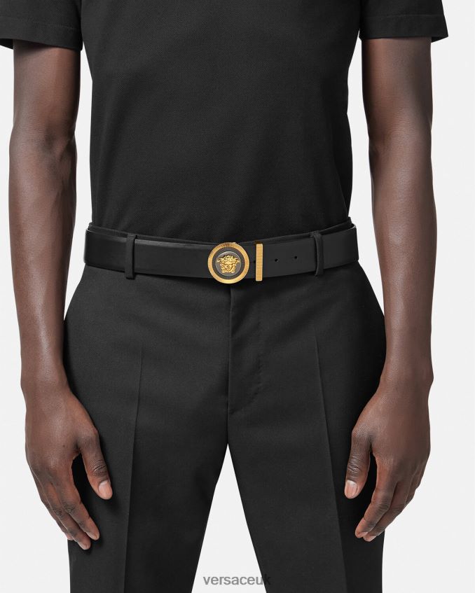 Men Versace Enamel Medusa Biggie Leather Belt 6D2D061608 Black & Gold Accessories