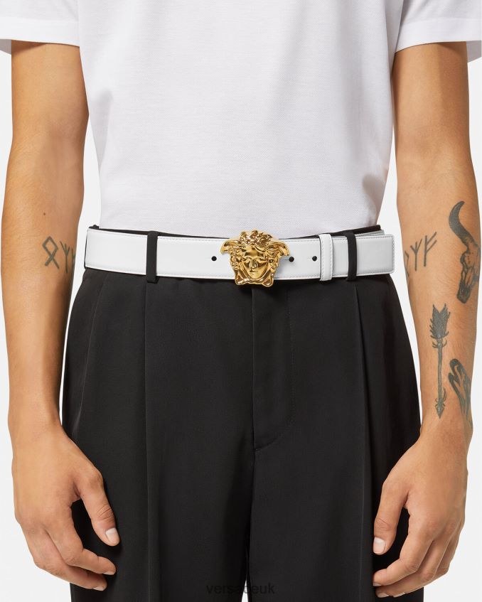 Men Versace La Medusa Leather Belt 6D2D061622 White & Gold Accessories