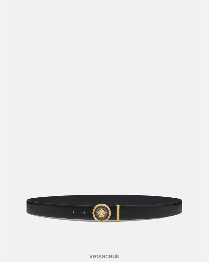 Men Versace Medusa Biggie Leather Belt 6D2D061610 Black & Gold Accessories