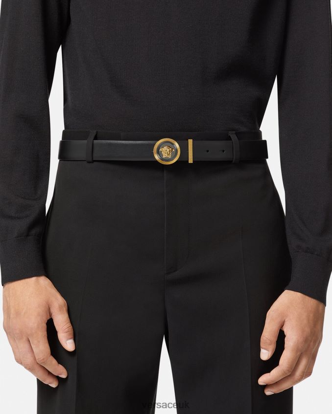 Men Versace Medusa Biggie Leather Belt 6D2D061610 Black & Gold Accessories