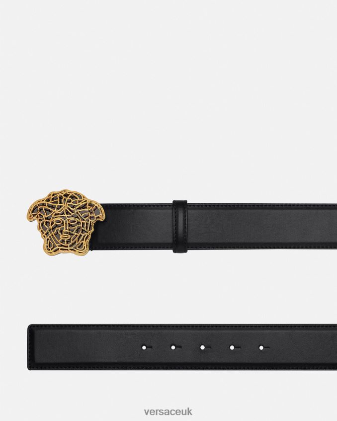 Men Versace Medusa Leather Belt 6D2D061630 Black & Gold Accessories
