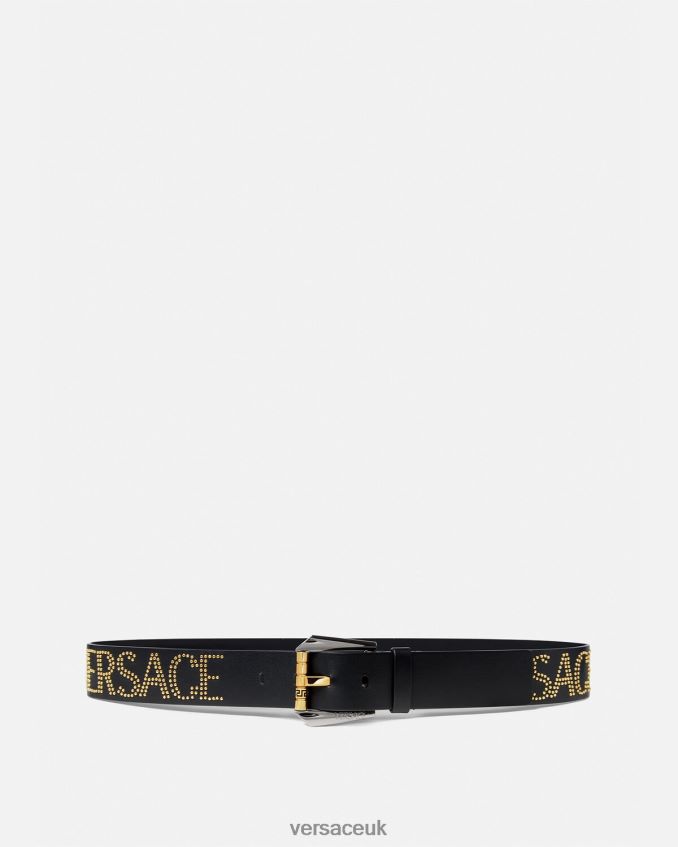Men Versace Studded Logo Leather Belt 6D2D061627 Black & Gold Accessories