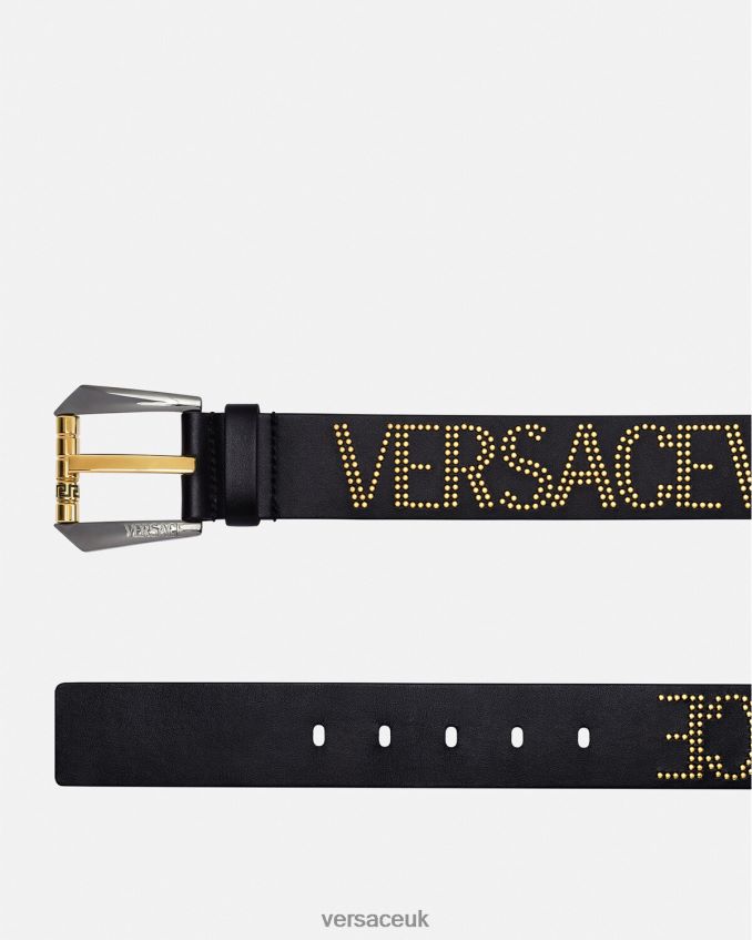 Men Versace Studded Logo Leather Belt 6D2D061627 Black & Gold Accessories