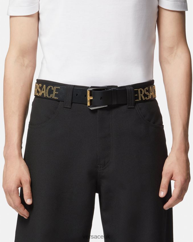 Men Versace Studded Logo Leather Belt 6D2D061627 Black & Gold Accessories