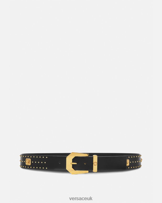 Men Versace Studded Medusa Heritage Leather Belt 6D2D061625 Black Accessories