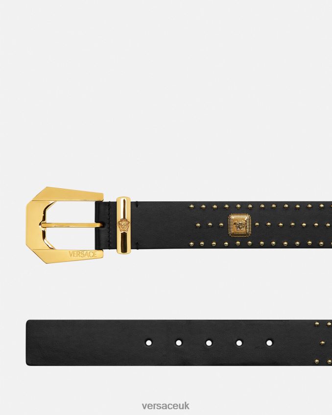Men Versace Studded Medusa Heritage Leather Belt 6D2D061625 Black Accessories