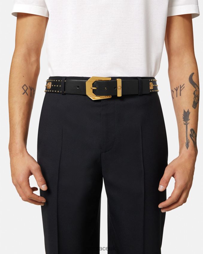 Men Versace Studded Medusa Heritage Leather Belt 6D2D061625 Black Accessories