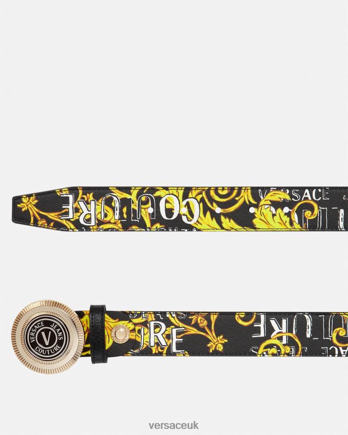 Men Versace V-Emblem Logo Couture Round Belt 6D2D062512 Black & Gold Accessories