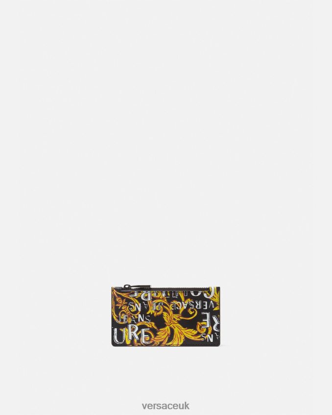 Men Versace Logo Couture Zip Card Holder 6D2D062514 Black & Gold Accessories