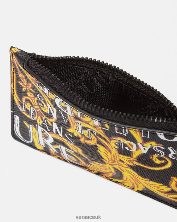 Men Versace Logo Couture Zip Card Holder 6D2D062514 Black & Gold Accessories