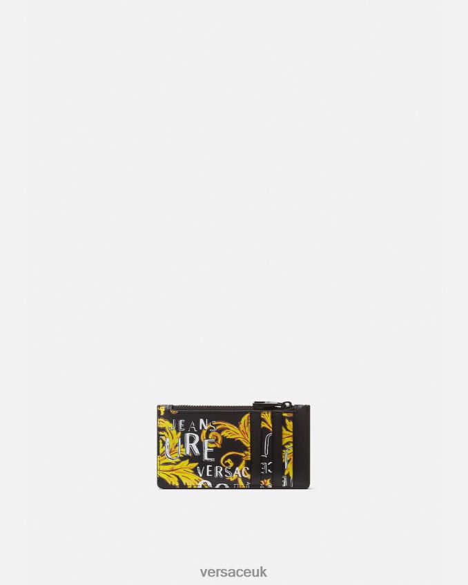 Men Versace Logo Couture Zip Card Holder 6D2D062514 Black & Gold Accessories