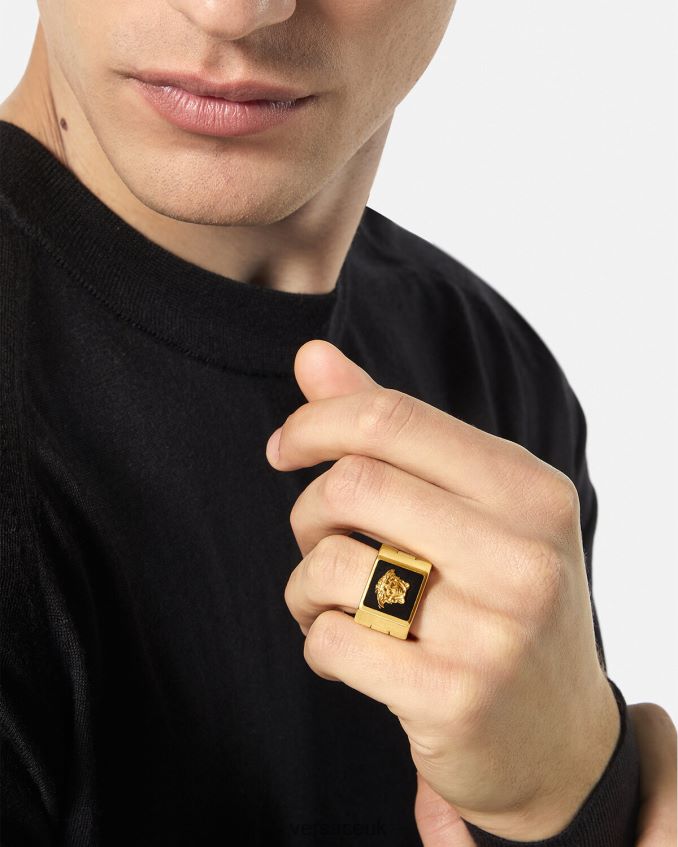 Men Versace Medusa Enamel Ring 6D2D061697 Black & Gold Accessories