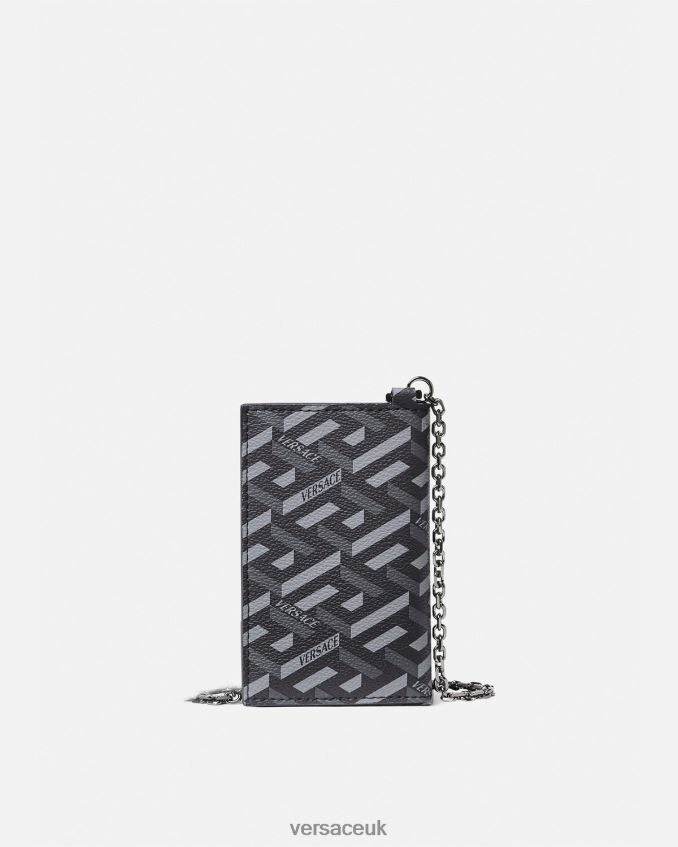 Men Versace La Greca Signature Chain Card Holder 6D2D061652 Black & Gray Accessories