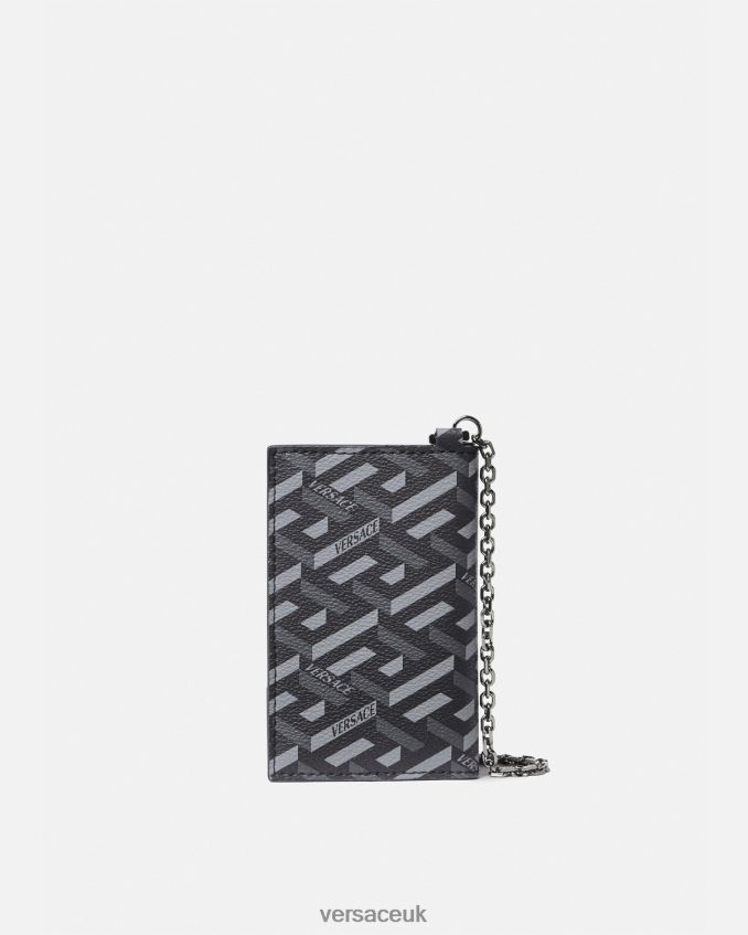 Men Versace La Greca Signature Chain Card Holder 6D2D061652 Black & Gray Accessories