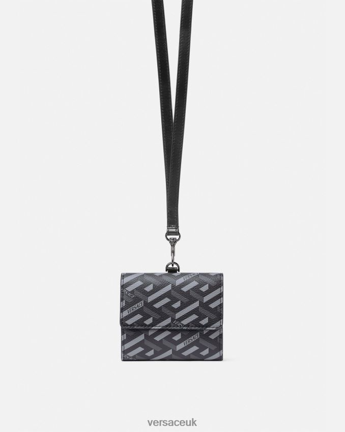 Men Versace La Greca Signature Trifold Wallet 6D2D061653 Black & Gray Accessories