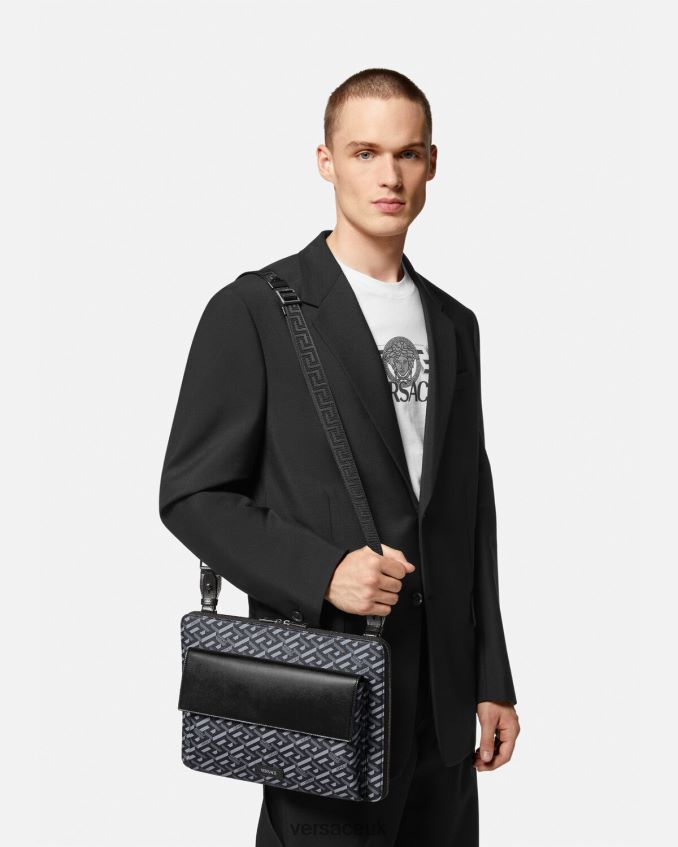 Men Versace La Greca Signature Laptop Case 6D2D061483 Black & Gray Bags