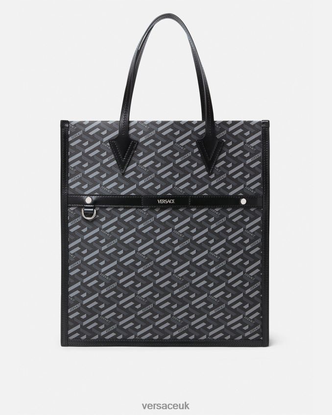 Men Versace La Greca Signature Tall Tote Bag 6D2D061476 Black & Gray Bags
