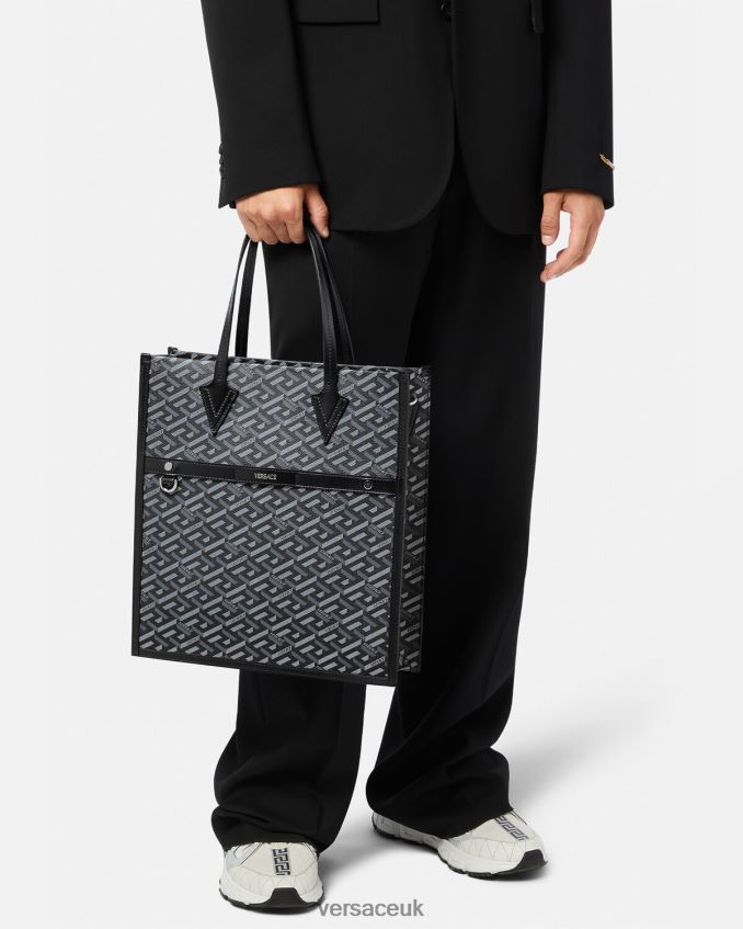 Men Versace La Greca Signature Tall Tote Bag 6D2D061476 Black & Gray Bags