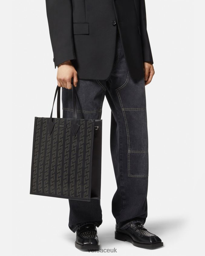 Men Versace Studded Greca Tall Tote Bag 6D2D061489 Black Bags