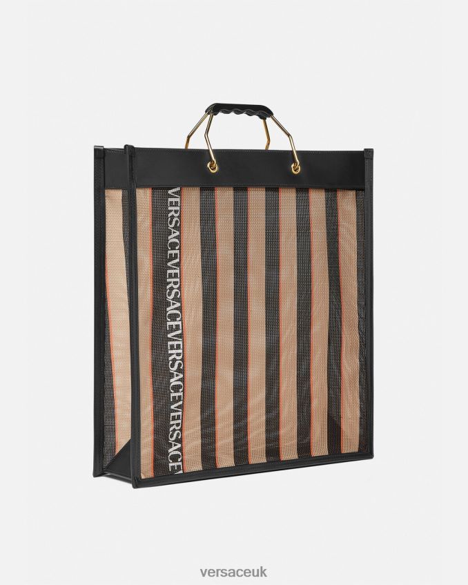 Men Versace Striped Shopper Tote Bag 6D2D061510 Black & Beige Bags