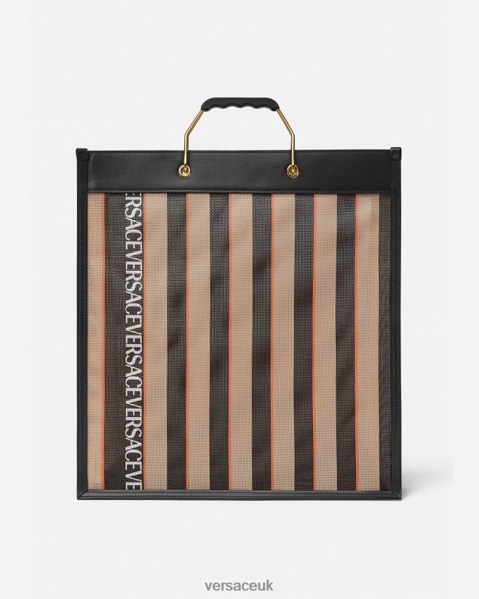 Men Versace Striped Shopper Tote Bag 6D2D061510 Black & Beige Bags