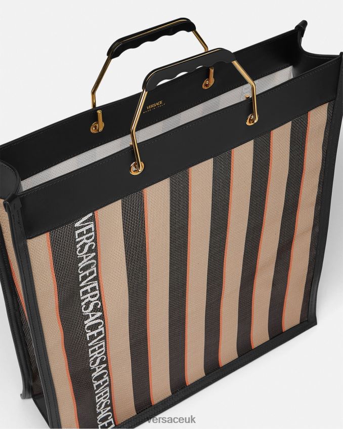 Men Versace Striped Shopper Tote Bag 6D2D061510 Black & Beige Bags