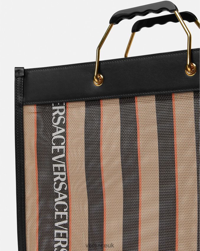 Men Versace Striped Shopper Tote Bag 6D2D061510 Black & Beige Bags