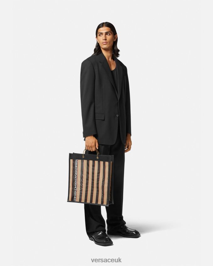 Men Versace Striped Shopper Tote Bag 6D2D061510 Black & Beige Bags