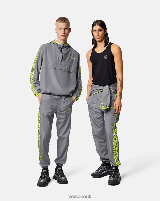Men Versace Barocco Silhouette Gym Tracksuit Pants 6D2D061460 Gray & Lime Clothing