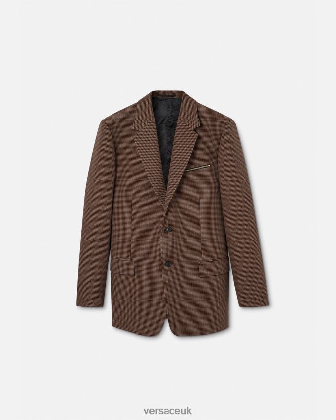 Men Versace Barocco 660 Houndstooth Blazer 6D2D061279 Brown & Gold Clothing